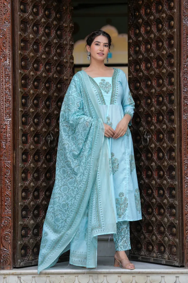 Blue_Cotton_Block_Printed_Straight_Suit_With_Embroidered_Neck_Detailing_For_Women_For_Women
