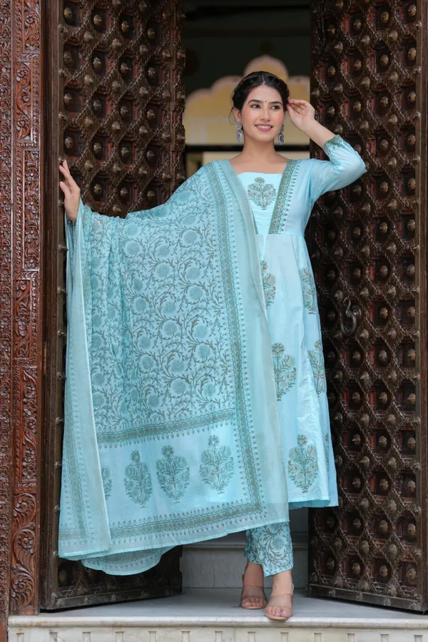 Blue_Cotton_Block_Printed_Straight_Suit_With_Embroidered_Neck_Detailing_For_Women_For_Women