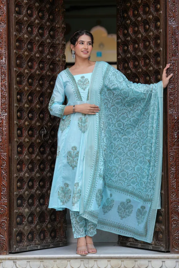 Blue_Cotton_Block_Printed_Straight_Suit_With_Embroidered_Neck_Detailing_For_Women_For_Women