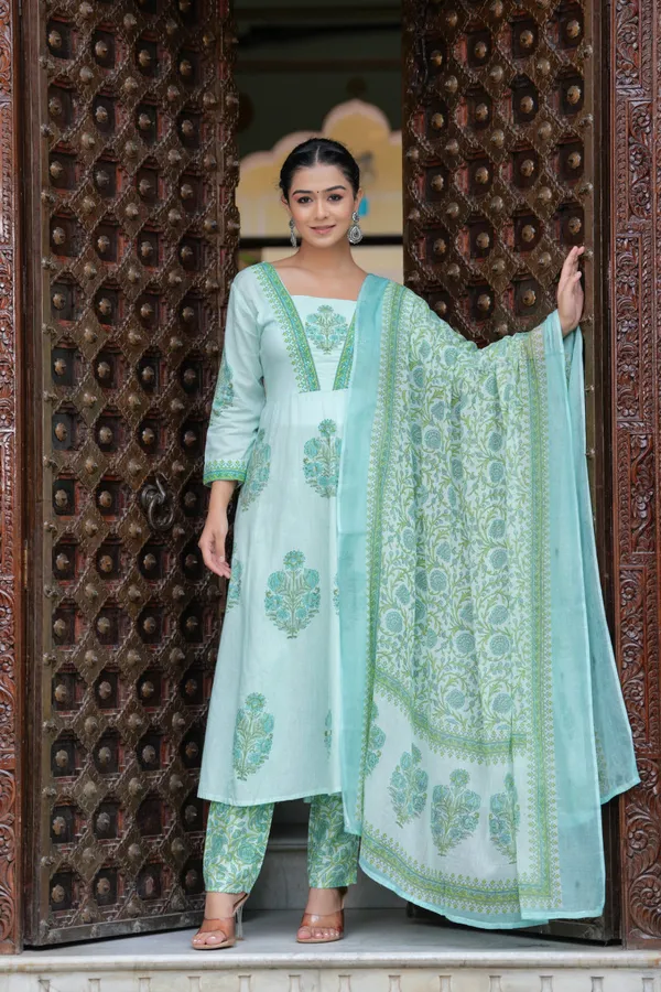Green_Cotton_Block_Printed_Straight_Suit_With_Embroidered_Neck_Detailing_For_Women