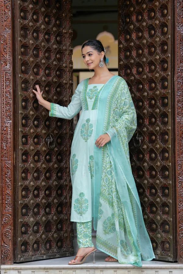 Green_Cotton_Block_Printed_Straight_Suit_With_Embroidered_Neck_Detailing_For_Women