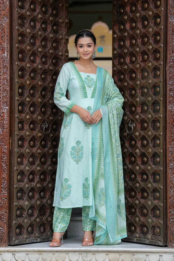 Green_Cotton_Block_Printed_Straight_Suit_With_Embroidered_Neck_Detailing_For_Women