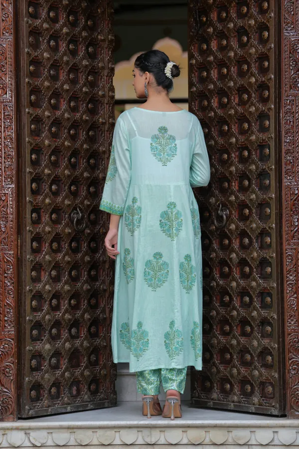 Green_Cotton_Block_Printed_Straight_Suit_With_Embroidered_Neck_Detailing_For_Women