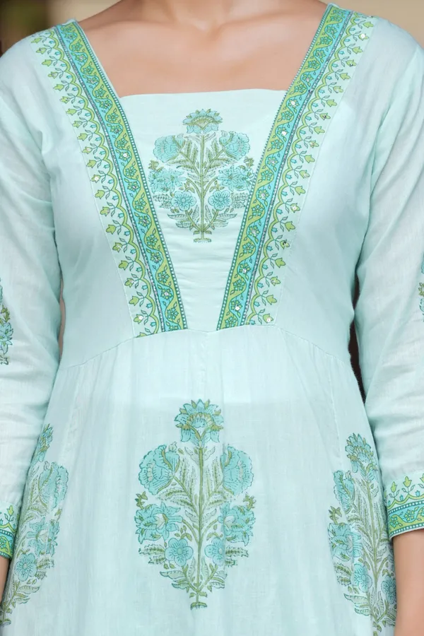 Green_Cotton_Block_Printed_Straight_Suit_With_Embroidered_Neck_Detailing_For_Women