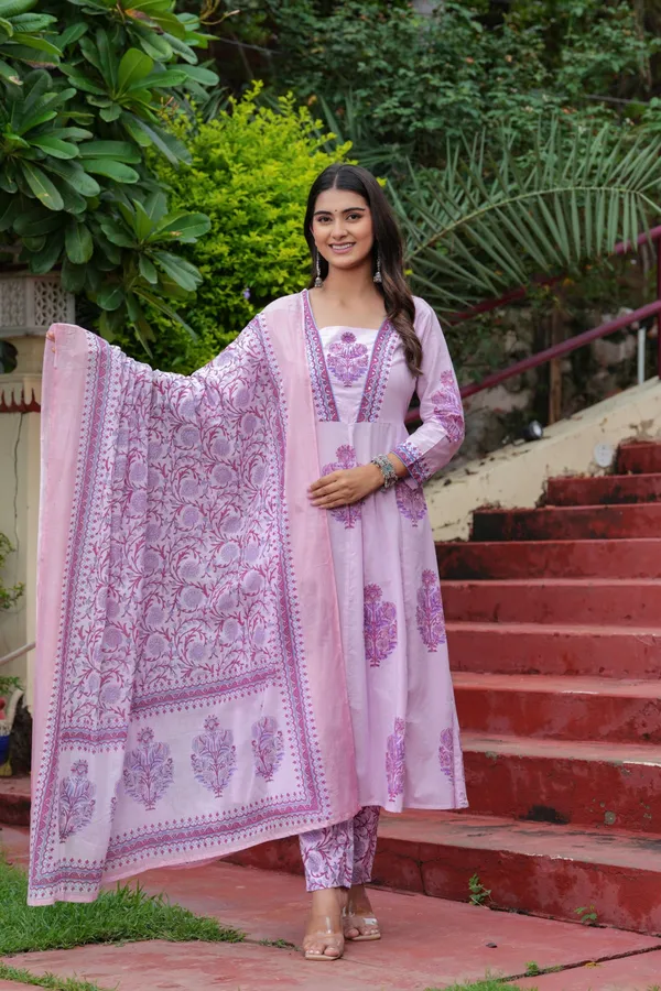 Purple_Cotton_Block_Printed_Straight_Suit_With_Embroidered_Neck_Detailing_For_Women