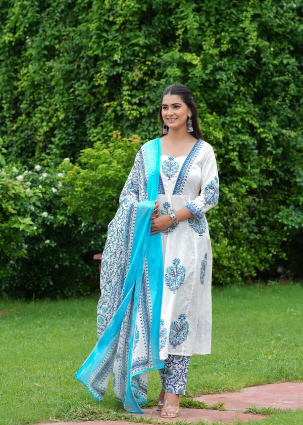 Blue_Cotton_Block_Printed_Straight_Suit_With_Embroidered_Neck_Detailing_For_Women