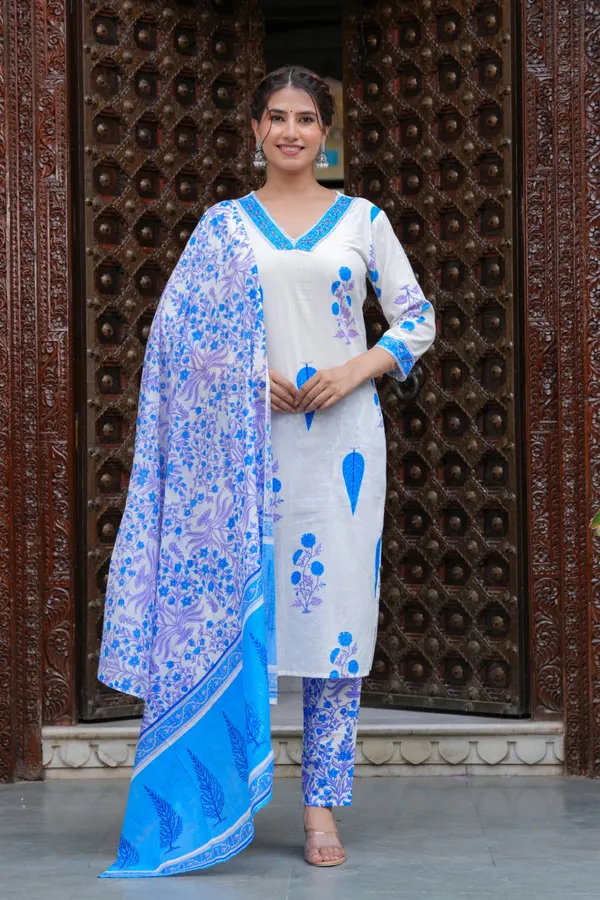Blue_Cotton_Floral_Boota_Printed_Kurta_Set_With_Mulmul_Dupatta_For_Women