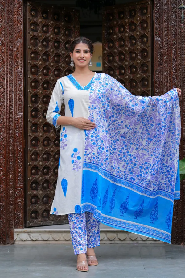 Blue_Cotton_Floral_Boota_Printed_Kurta_Set_With_Mulmul_Dupatta_For_Women