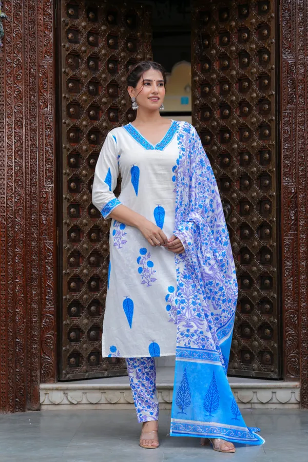 Blue_Cotton_Floral_Boota_Printed_Kurta_Set_With_Mulmul_Dupatta_For_Women