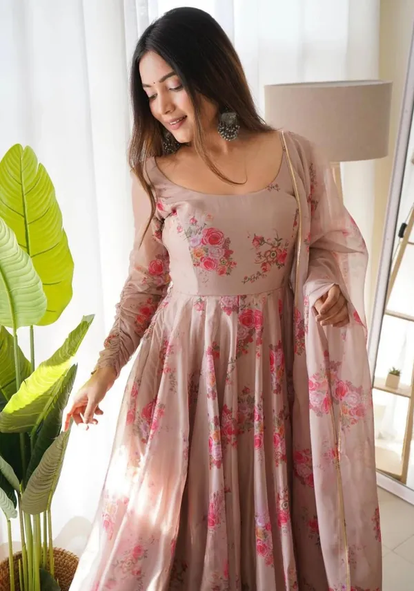 Brown_Elegant_Organza_Anarkali_Gown_Kurti_With_Pant_Dupatta_Ethnic_Set_For_Women