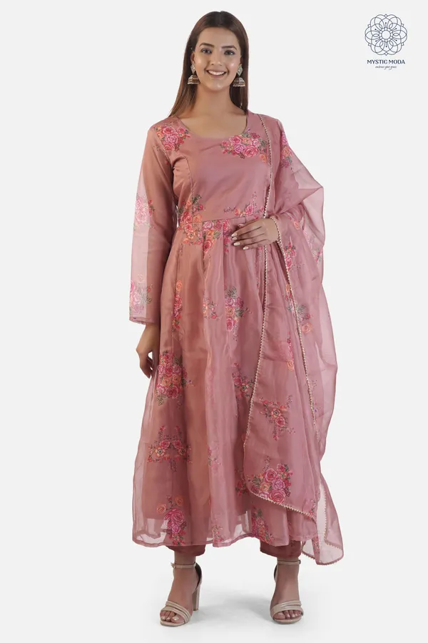 Brown_Elegant_Organza_Anarkali_Gown_Kurti_With_Pant_Dupatta_Ethnic_Set_For_Women