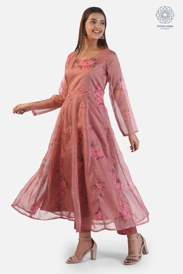 Brown_Elegant_Organza_Anarkali_Gown_Kurti_With_Pant_Dupatta_Ethnic_Set_For_Women