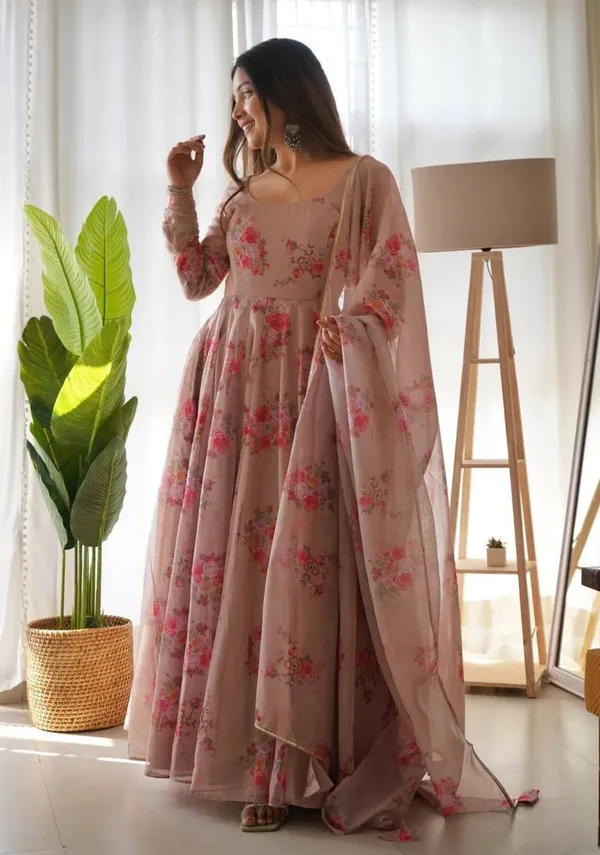Brown_Elegant_Organza_Anarkali_Gown_Kurti_With_Pant_Dupatta_Ethnic_Set_For_Women