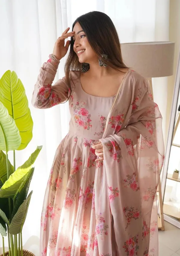Brown_Elegant_Organza_Anarkali_Gown_Kurti_With_Pant_Dupatta_Ethnic_Set_For_Women