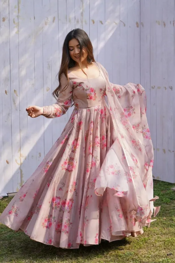 Brown_Elegant_Organza_Anarkali_Gown_Kurti_With_Pant_Dupatta_Ethnic_Set_For_Women