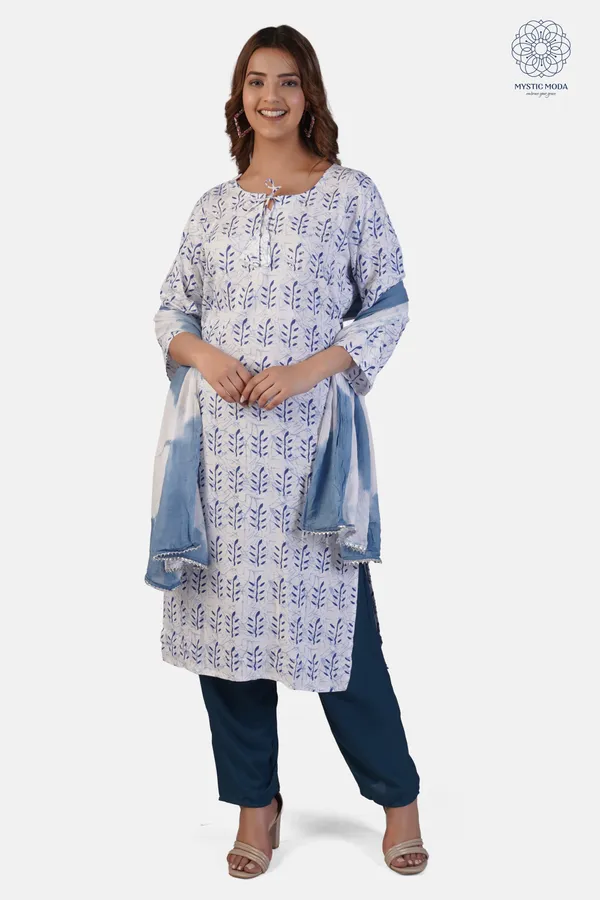 Blue_Cotton_Hand_Block_Printed_Kurta_Set_With_Tie_Dye_Dupatta_For_Women