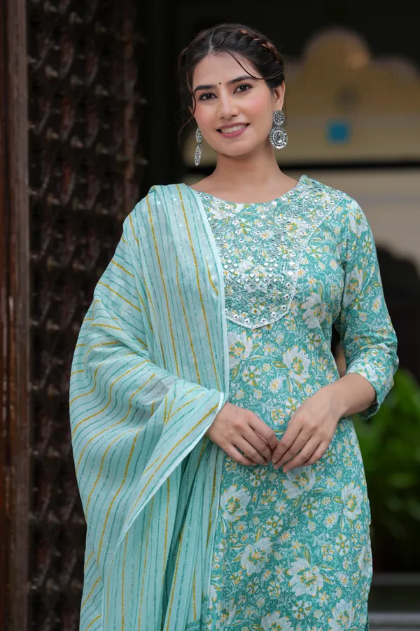 Green_Cotton_Floral_Print_Kurti_Pant_Set_With_Embroidered_Yoke_For_Women