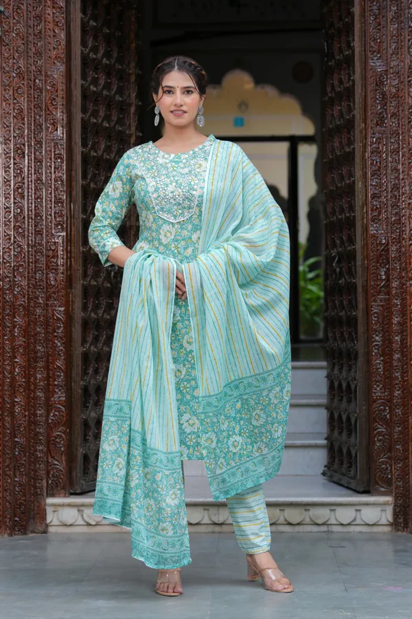 Green_Cotton_Floral_Print_Kurti_Pant_Set_With_Embroidered_Yoke_For_Women