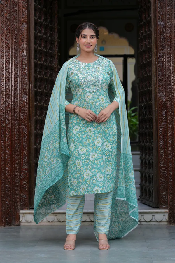 Green_Cotton_Floral_Print_Kurti_Pant_Set_With_Embroidered_Yoke_For_Women