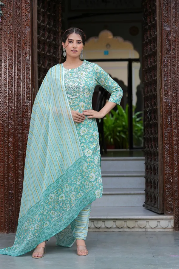 Green_Cotton_Floral_Print_Kurti_Pant_Set_With_Embroidered_Yoke_For_Women