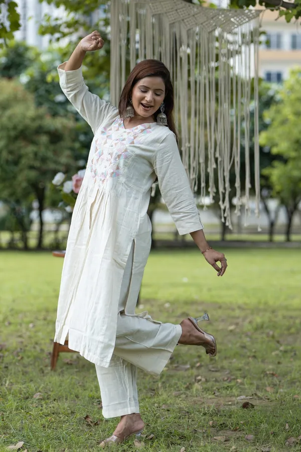 White_Elegant_Cotton_Kurti_With_Embroidered_Yoke_Palazzo_Set_Comfortable_Ethnic_Wear_For_Women