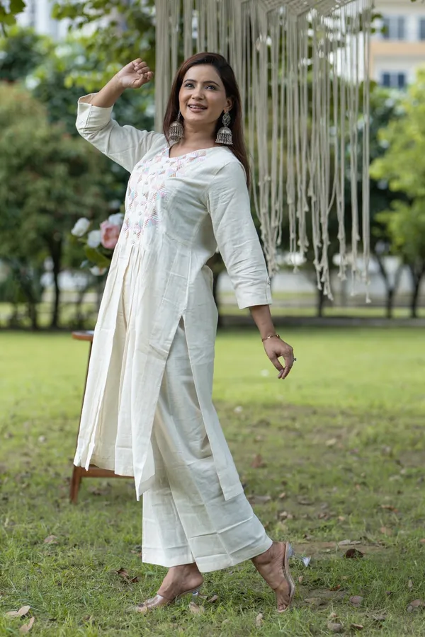 White_Elegant_Cotton_Kurti_With_Embroidered_Yoke_Palazzo_Set_Comfortable_Ethnic_Wear_For_Women