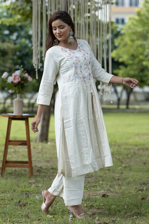 White_Elegant_Cotton_Kurti_With_Embroidered_Yoke_Palazzo_Set_Comfortable_Ethnic_Wear_For_Women