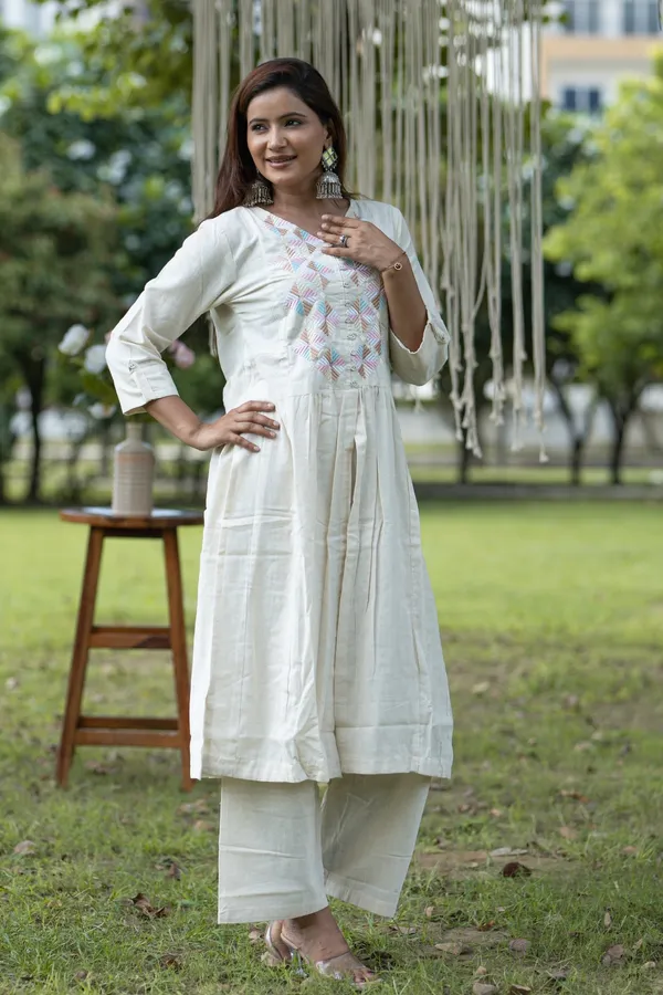 White_Elegant_Cotton_Kurti_With_Embroidered_Yoke_Palazzo_Set_Comfortable_Ethnic_Wear_For_Women