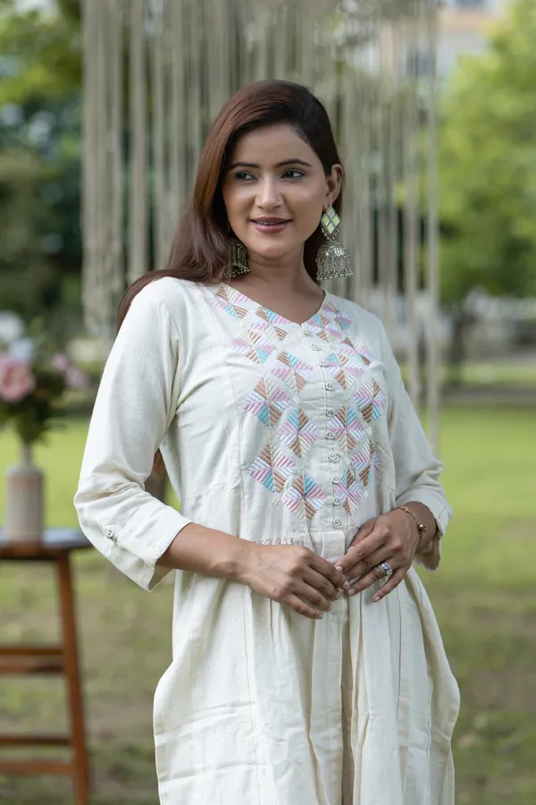 White_Elegant_Cotton_Kurti_With_Embroidered_Yoke_Palazzo_Set_Comfortable_Ethnic_Wear_For_Women