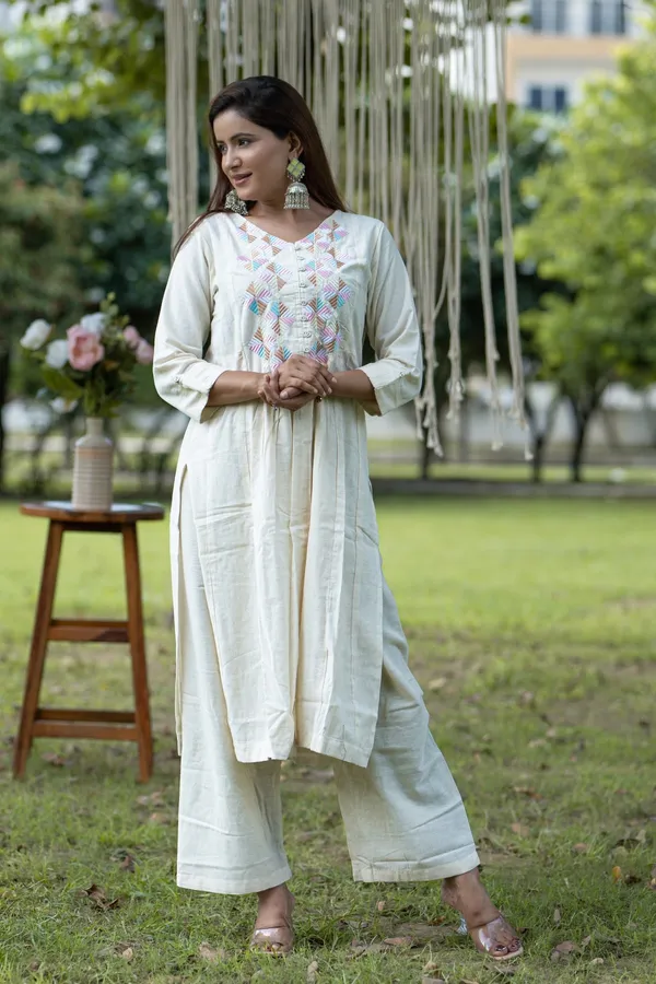 White_Elegant_Cotton_Kurti_With_Embroidered_Yoke_Palazzo_Set_Comfortable_Ethnic_Wear_For_Women