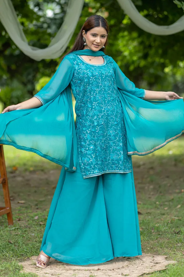 Blue_Georgette_Embroidered_Kurta_Set_With_Flared_Pants_Dupatta_For_Women