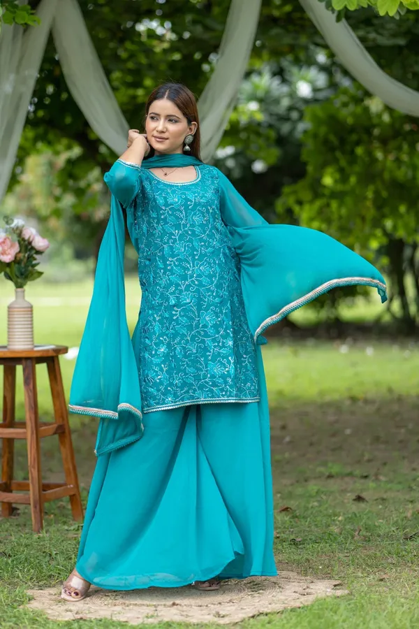 Blue_Georgette_Embroidered_Kurta_Set_With_Flared_Pants_Dupatta_For_Women