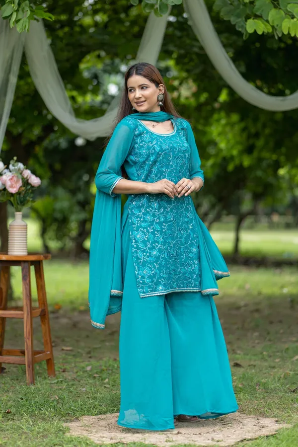 Blue_Georgette_Embroidered_Kurta_Set_With_Flared_Pants_Dupatta_For_Women