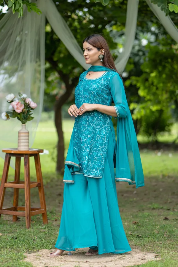 Blue_Georgette_Embroidered_Kurta_Set_With_Flared_Pants_Dupatta_For_Women