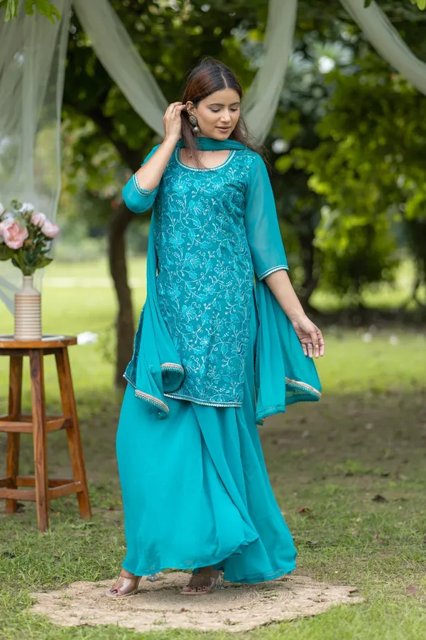Blue_Georgette_Embroidered_Kurta_Set_With_Flared_Pants_Dupatta_For_Women