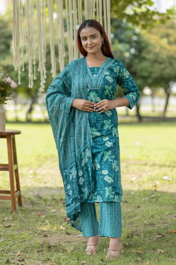 Green_Cotton_Printed_Salwar_Suit_With_Embroidered_Neckline_Mulmul_Dupatta_Ethnic_Set_For_Women