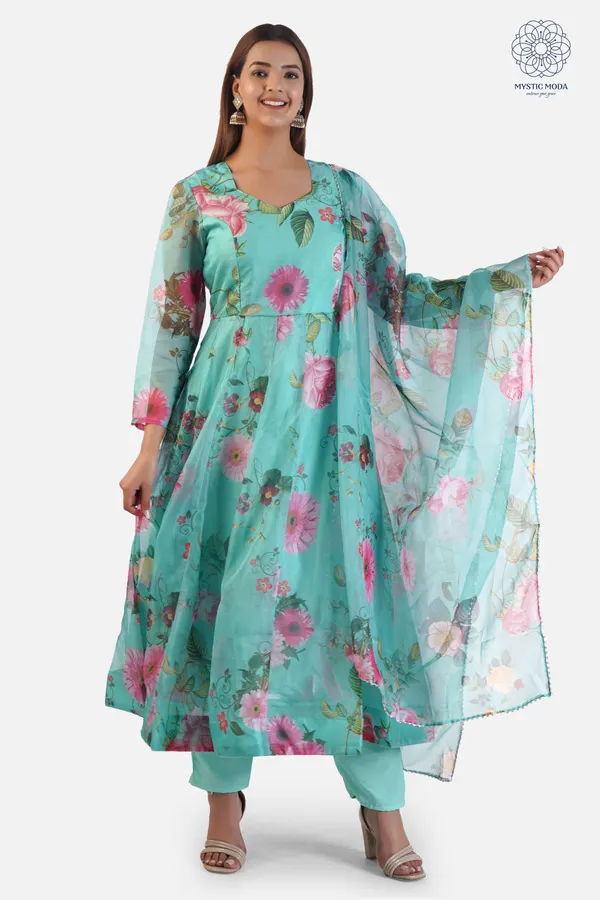 Green_Elegant_Organza_Anarkali_Gown_Kurti_With_Pant_Dupatta_Ethnic_Set_For_Women