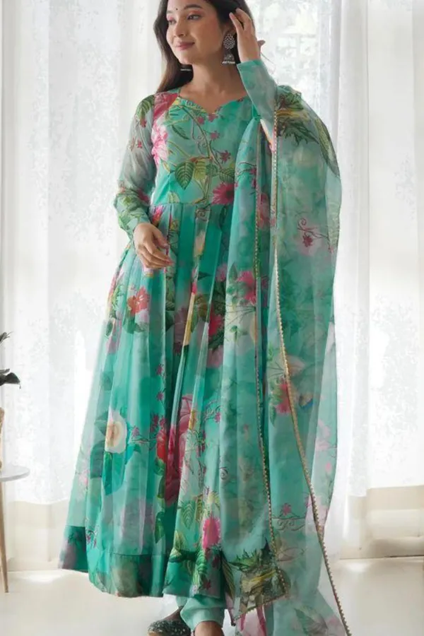 Green_Elegant_Organza_Anarkali_Gown_Kurti_With_Pant_Dupatta_Ethnic_Set_For_Women