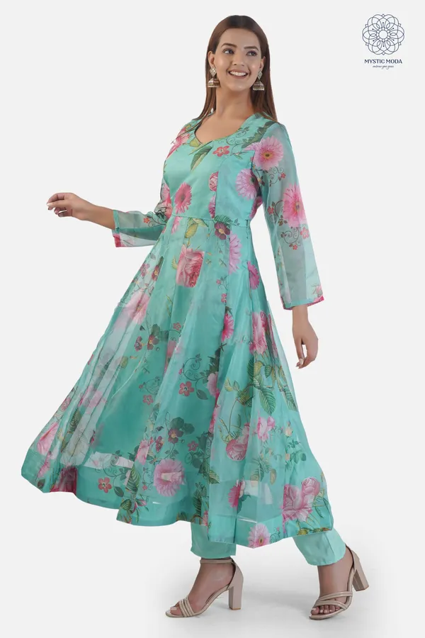 Green_Elegant_Organza_Anarkali_Gown_Kurti_With_Pant_Dupatta_Ethnic_Set_For_Women