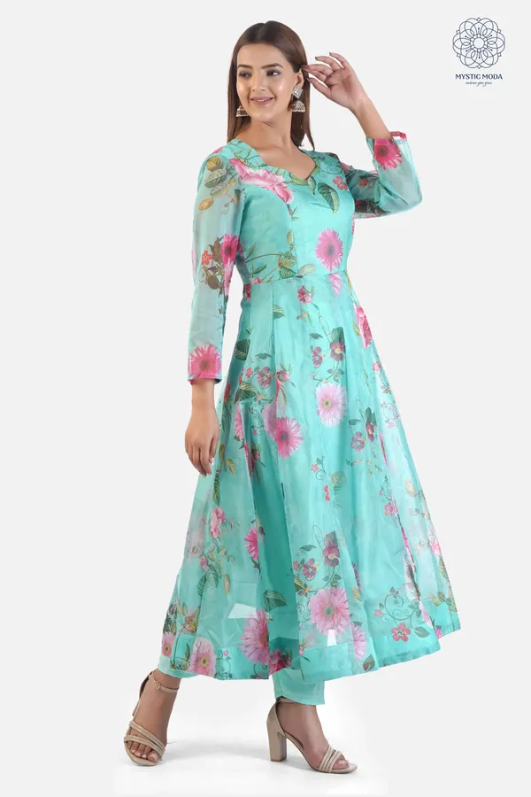 Green_Elegant_Organza_Anarkali_Gown_Kurti_With_Pant_Dupatta_Ethnic_Set_For_Women