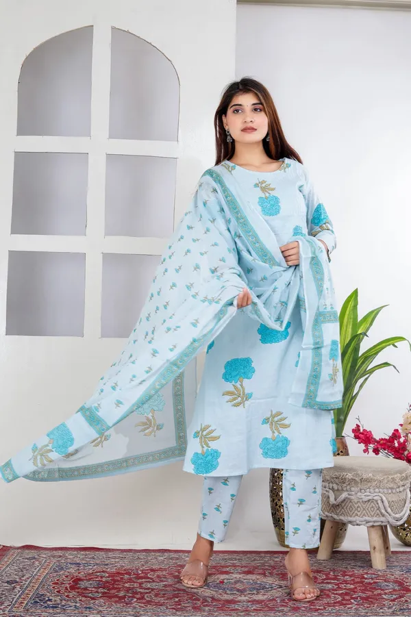 Blue_Cotton_Hand_Block_Floral_Printed_Kurti_Pant_Set_With_Dupatta_For_Women