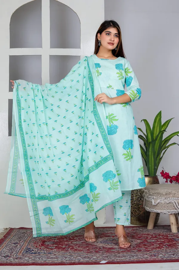 Green_Cotton_Hand_Block_Floral_Printed_Kurti_Pant_Set_With_Dupatta_For_Women