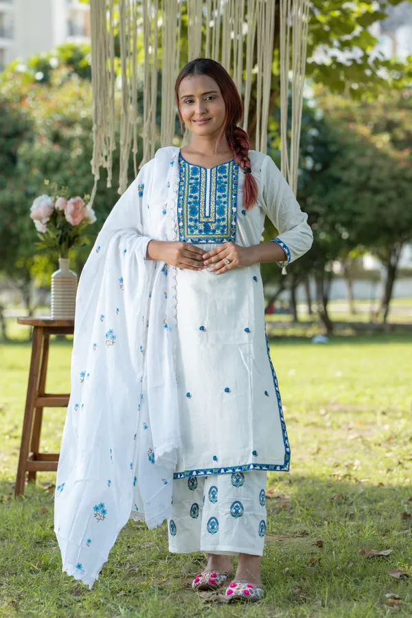 White_Cotton_Embroidered_Floral_Kurta_Palazzo_Dupatta_Set_For_Women