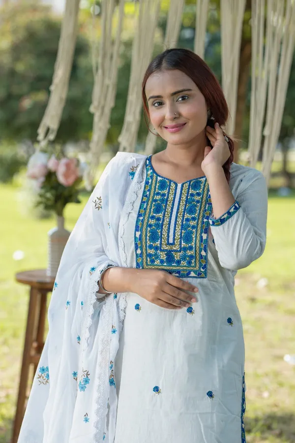 White_Cotton_Embroidered_Floral_Kurta_Palazzo_Dupatta_Set_For_Women