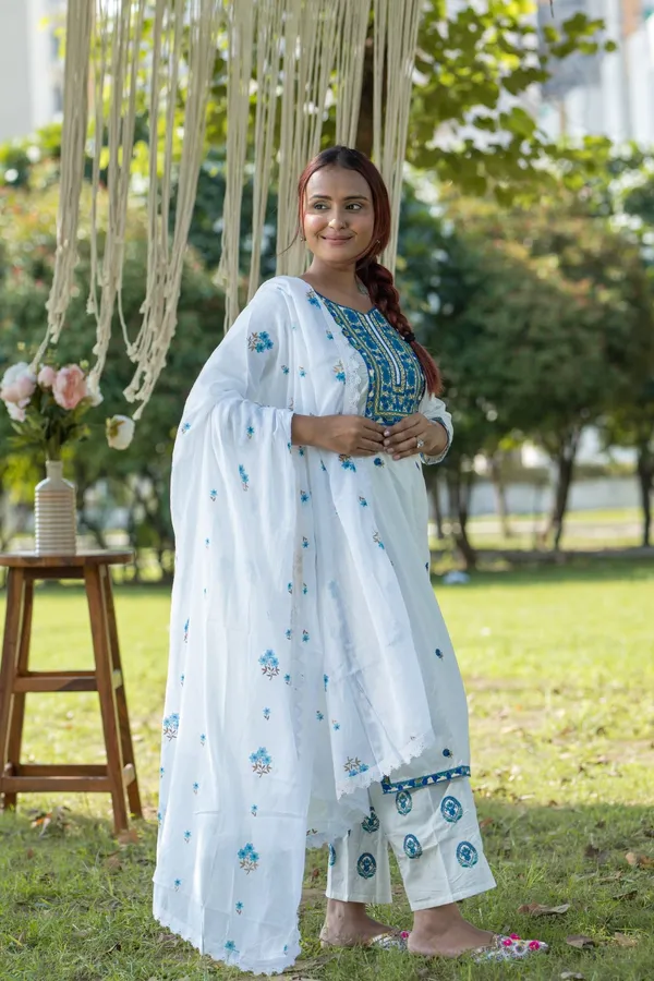 White_Cotton_Embroidered_Floral_Kurta_Palazzo_Dupatta_Set_For_Women