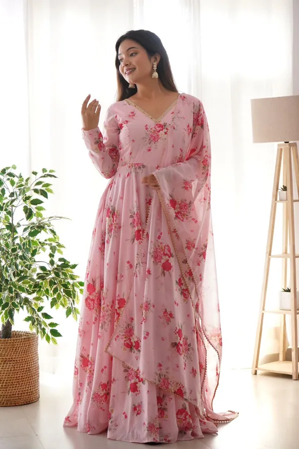 Pink_Elegant_Organza_Anarkali_Gown_Kurti_With_Pant_Dupatta_Ethnic_Set_For_Women