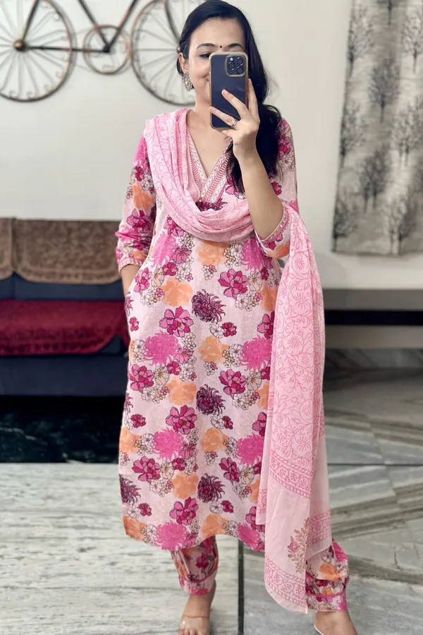 Pink_Premium_Cotton_Hand_Block_Printed_Kurta_Set_With_Pants_Dupatta_Elegant_Ethnic_Wear_For_Women
