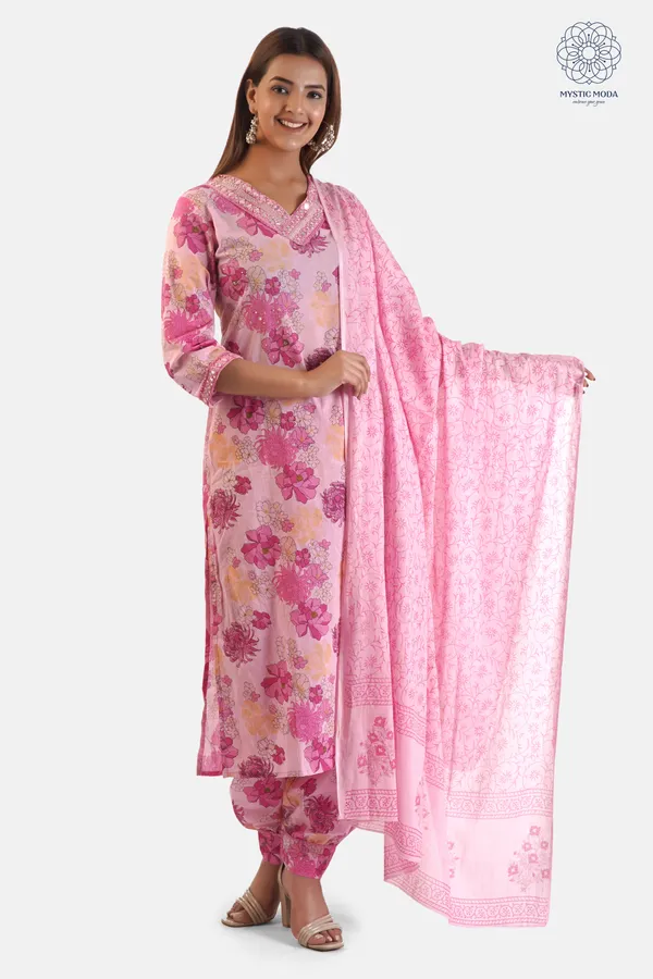 Pink_Premium_Cotton_Hand_Block_Printed_Kurta_Set_With_Pants_Dupatta_Elegant_Ethnic_Wear_For_Women