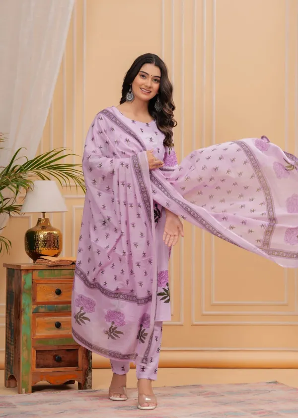 Purple_Cotton_Hand_Block_Floral_Printed_Kurti_Pant_Set_With_Dupatta_For_Women