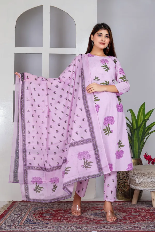 Purple_Cotton_Hand_Block_Floral_Printed_Kurti_Pant_Set_With_Dupatta_For_Women
